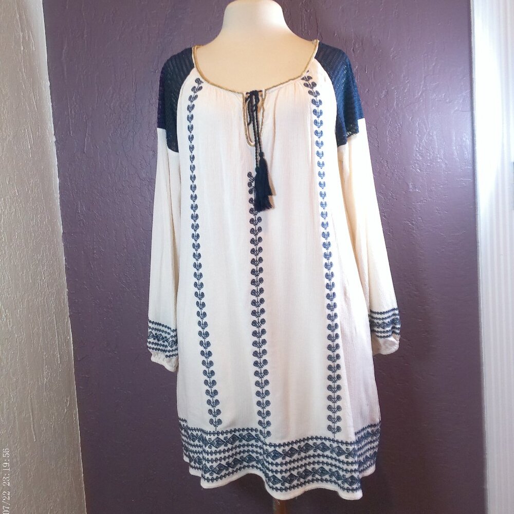 Dress Embroidered Tunic Boho Womens Large Long Sleeve Beige Black Lace umgee
